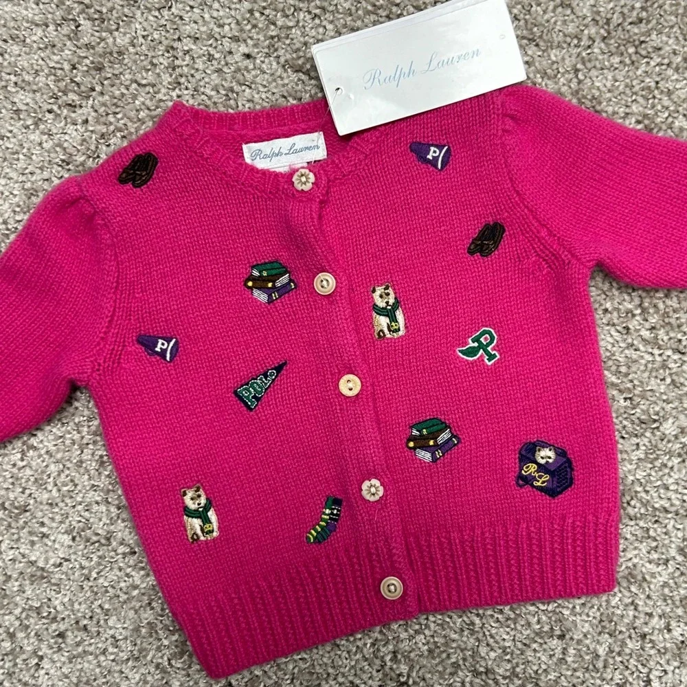 NWT Ralph Lauren Embroidered‎ Wool Blend Cardigan Baby Size 3M Pink Prep School